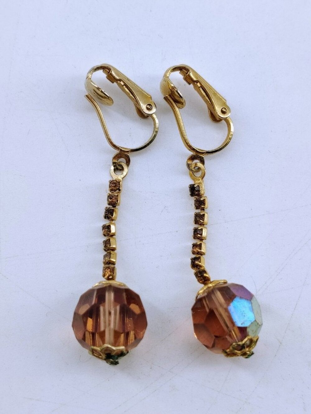 Vintage Gold Tone Clip On Earrings Purple Iridescent Faceted Bead Dangle